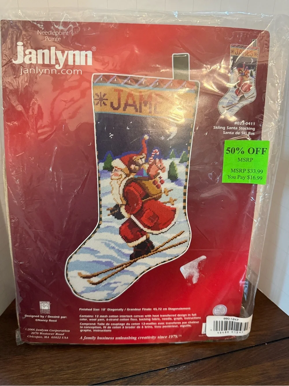 Janlynn Needlepoint Stocking Kit SKIING SANTA #023-0411 Nancy Rossi 2006 18